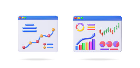 Two browser windows with business data visualization. Financial charts, growth graph, and stock market analysis. 3D vector set concept for investment design.のイラスト素材