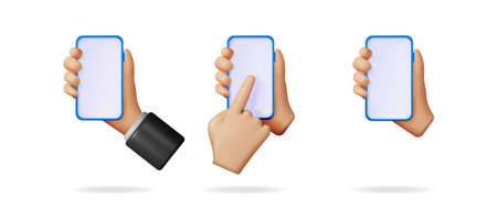 3d vector hands holding a smartphone, one touching the blank screen. Mobile technology design elements for application display.のイラスト素材