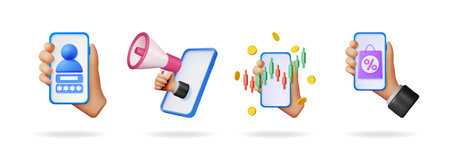 Hands holding phones with user login, megaphone, stock chart, and shopping bag displaying different...