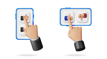 Hand pressing like and dislike button on mobile phone showing positive and negative feedback...