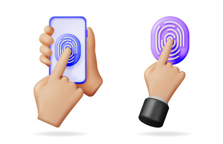Hand holding a smartphone with a fingerprint icon, and a separate hand activating a fingerprint sensor. Digital security, access, and biometric authentication system.のイラスト素材