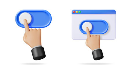 Hand switching on toggle button in computer window. User interface on off switch for website design and mobile application.のイラスト素材