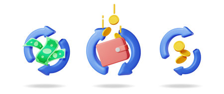 Collection of 3D vector illustrations depicting money exchange icon set. Financial transaction, cashback and money transfer concept.のイラスト素材