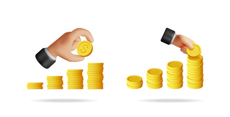 Hands adding gold coin to rising stack. Money saving and investment growth concept. Financial success and payment illustration.のイラスト素材