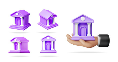 Collection of 3d purple bank building icons and a hand holding a bank house. Banking and finance concept. Investment and savings theme.のイラスト素材