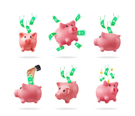 Multiple piggy money banks with money falling into them. 3d vector financial saving concept for budget management and growth.のイラスト素材