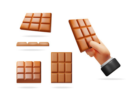 Different angles of a 3d chocolate bar and a hand holding it. Sweet dessert concept for snack food or baking ingredients.のイラスト素材