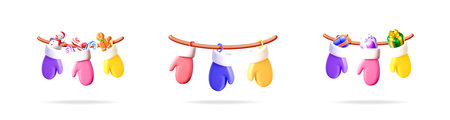 Colorful mittens hanging on a branch in 3d vector illustration. Winter clothes collection for Christmas and New Year holiday celebration.のイラスト素材