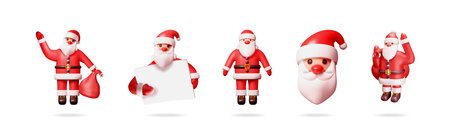 Different 3d comic style vector illustration set of Santa Claus with sack, empty board, and various poses for Christmas holiday design.のイラスト素材