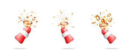 Red Santa Claus hand holding a festive popper confetti cannon with flying gold confetti for New Year celebration.のイラスト素材
