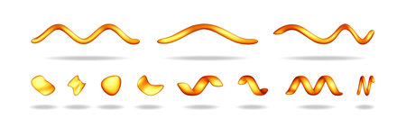 Collection of orange 3d wavy and fluid abstract shapes with shadow. Modern vibrant flowing elements for creative design.のイラスト素材
