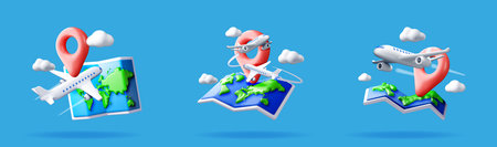 3D map with location pin and airplane. Global travel planning and trip navigation concept for...