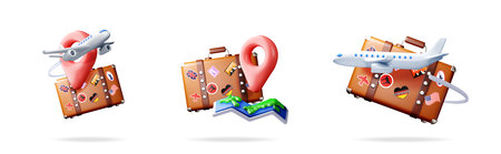 Set of 3d vector illustrations of travel suitcase with destination pin and airplane. Vacation journey concept for trip planning for travel agency social media.のイラスト素材