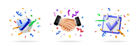 3D render of a business handshake with colorful confetti, a check mark on a sphere, and a check on a calendar. Success and partnership concept.のイラスト素材