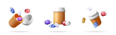 Three 3d vector illustrations of prescription bottle with falling pills or capsules. Medical treatment and healthcare concept.のイラスト素材