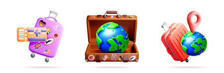Three 3d travel luggage suitcases, one with tickets, one with globe inside, one with globe and map pointer. World journey and tourism concept 3d stock vector.のイラスト素材