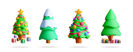 Four 3d Christmas tree illustrations on a white background. Holiday ornament design for a greeting card, banner, poster, or web design.のイラスト素材