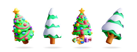 Cute 3d vector collection of christmas tree decorations and gifts. Holiday winter season celebration. New year eve objects.のイラスト素材
