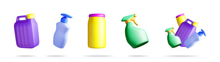 Household cleaning product bottles and sprayers for home care. Disinfectant and detergent containers for cleaning supplies. 3d stock vector.のイラスト素材