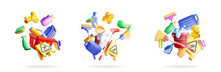 Cleaning supplies and bucket full of foam with caution sign. Household hygiene maintenance and professional service concept for home or office.のイラスト素材