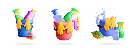 3d cartoon style cleaning set composition with items like a bucket, gloves, and bottles for house chore concept.のイラスト素材