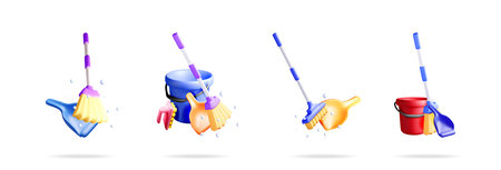 Cleaning tools set in 3d vector illustration. Broom and dustpan, mop bucket kit. Household chores and cleaning service concept.のイラスト素材
