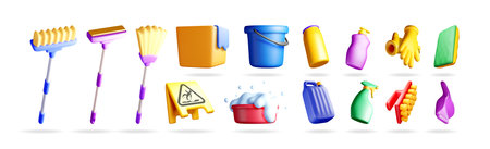 3d stock vector illustration set collection of various colorful cleaning supplies and tools for household and professional hygiene.のイラスト素材