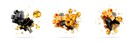 Open gift box with party objects. Black friday shopping concept. Birthday or anniversary celebration for promotion. 3d vector stock cartoon illustration.のイラスト素材