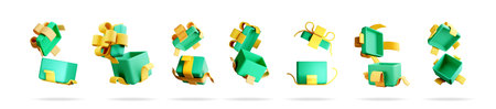 3d illustration set of flying gift boxes with golden ribbon. Surprise box concept for celebration, giveaway, shopping, holiday, birthday.のイラスト素材