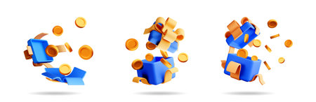 Blue gift boxes with golden coins and ribbons bursting out, representing money prize and bonus rewards for online games.のイラスト素材