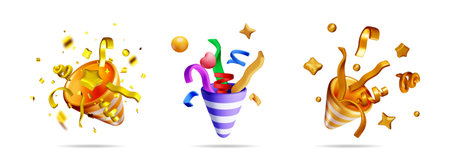 Set of 3d rendering party popper with confetti, ribbons, and stars for celebration concept on white background.のイラスト素材
