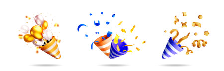 3d vector stock set of party poppers with balloons, confetti, and ribbons. Celebrate birthday, Christmas, New year.のイラスト素材