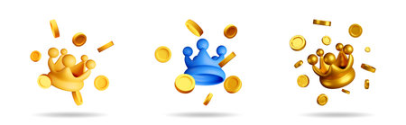Three 3d royalty crowns and falling gold coins. Golden and blue symbolic king tiara for winner, success, game, and money concept.のイラスト素材