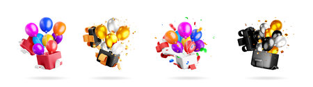 Set of open gift boxes with diverse balloons and falling confetti. Holiday celebration concept for party, surprise.のイラスト素材