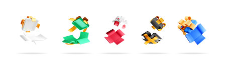 Set of 3d vector open gift boxes in white, green, red, black, and blue with gold ribbons. Holiday surprise and present box concept.のイラスト素材
