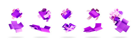 Purple 3d gift boxes opening and closing in various positions. Exploding mystery surprise gift for holiday events.のイラスト素材