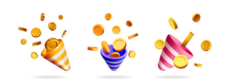 3d cartoon graphic vector set of party poppers with exploding golden coins. Financial gain and success concept.のイラスト素材