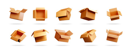 Set of 3d rendering open cardboard delivery box. Parcel for shipping mockup. Empty brown carton package for post or present on white background.のイラスト素材