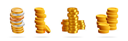 Four piles of gold, silver, and copper coins or tokens. 3D render illustration money stacks for financial concepts and success.のイラスト素材