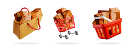 Shopping bag, cart, and basket with brown boxes. Online consumerism in 3d icon style. Business delivery concept for sale.のイラスト素材