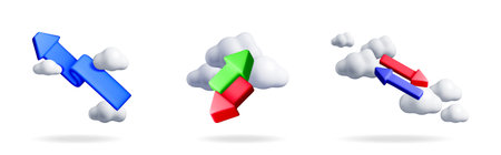 3d illustration with business arrows showing different trends with clouds on isolated background for finance concept.のイラスト素材