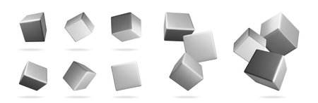 3D vector set of grey cubic forms floating in the air. Geometric shapes for design element and background. Abstract 3d model illustration.のイラスト素材