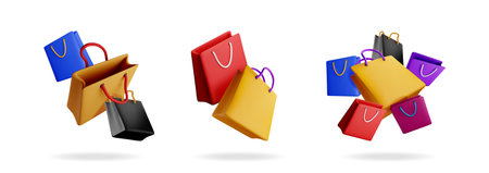 Three 3d collections of colorful shopping bags are shown. Concept for sale, discount, and online shopping.のイラスト素材