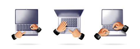 Vector 3d cartoon hands on laptop keyboard and touchpad. Set of online work elements for communication and internet service.のイラスト素材
