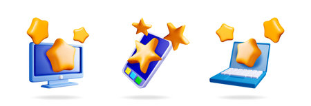 3d illustration of a blue monitor, smartphone, and laptop with flying golden stars for online feedback concept.のイラスト素材