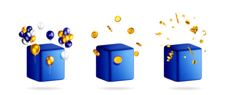 Blue 3d podium with balloons, gold coins, and confetti on a white background. Concept of celebration, prize, and reward.のイラスト素材