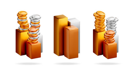 Gold, silver, and copper coins atop 3d bar graphs depicting financial data visualization on white background for business analysis.のイラスト素材