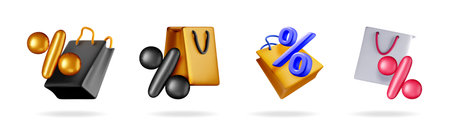 Set of 3d vector rendered shopping bags and percentage symbols. Sale promotion and discount concept for retail advertisement.のイラスト素材