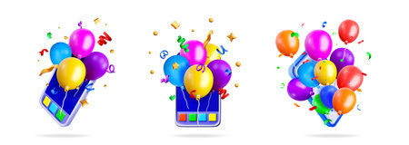 Colorful balloons fly out from mobile phone with confetti. Online celebration, party app, digital event, or greeting card concept.のイラスト素材