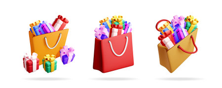 Set of 3d vector illustrations featuring shopping bags overflowing with colorful gift boxes for online sales and holiday shoppingのイラスト素材
